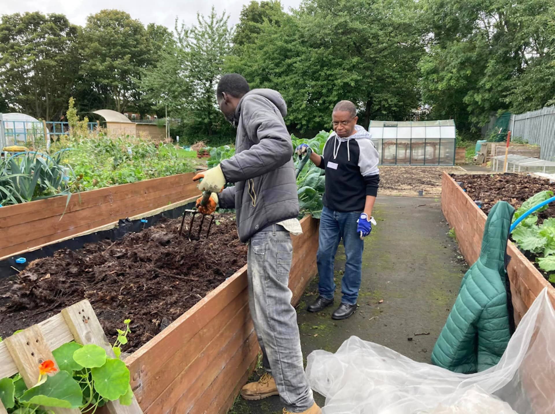 The image shows two people working in a garden. They are tending to a raised garden bed filled with soil or compost. One person is using a gardening fork, and both are wearing gloves. The garden area has other plants and a greenhouse in the background