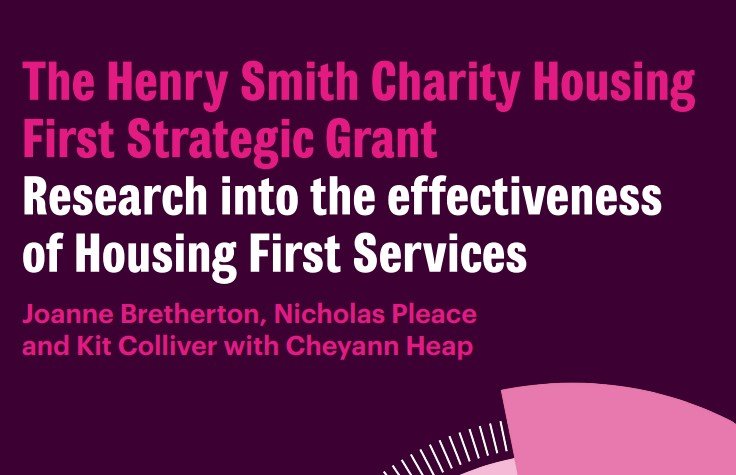 The image is a cover or promotional material for a report titled Research into the effectiveness of Housing First Services. It is funded by The Henry Smith Charity Housing First Strategic Grant. The report is authored by Joanne Bretherton, Nicholas Pleace,