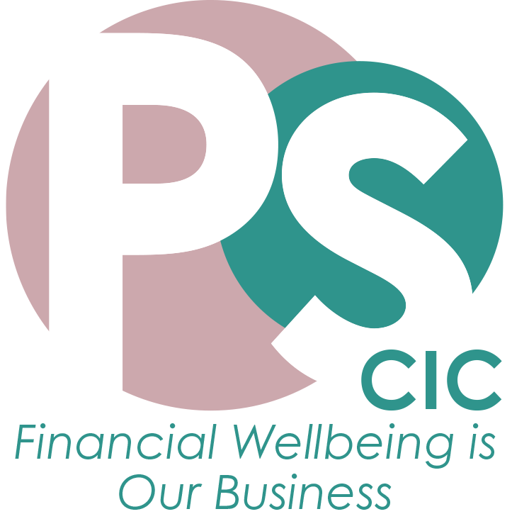 The image is a logo featuring the letters PS in large text. Below that, CIC appears in smaller text. The logo includes the phrase Financial Wellbeing is Our Business. The design uses a color scheme of pink and teal