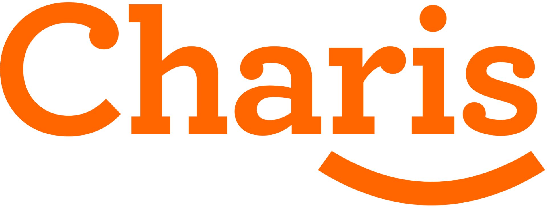 The image shows the word Charis in orange text. The s is designed with a curved line beneath it, resembling a smile.